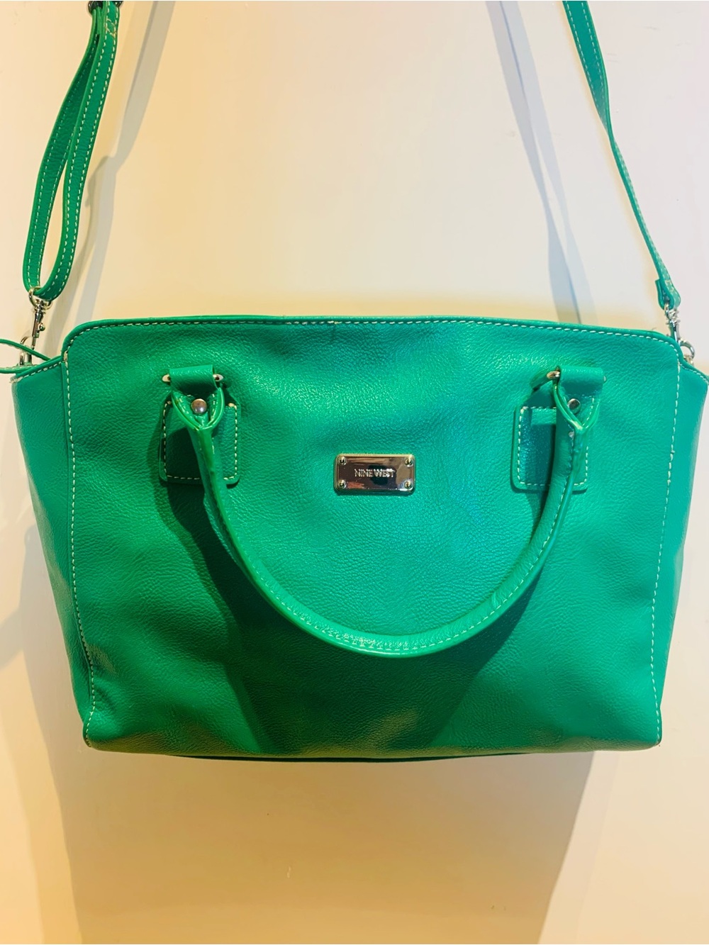 Nine West Bright Green Faux-Leather Satchel with Adjustable Strap